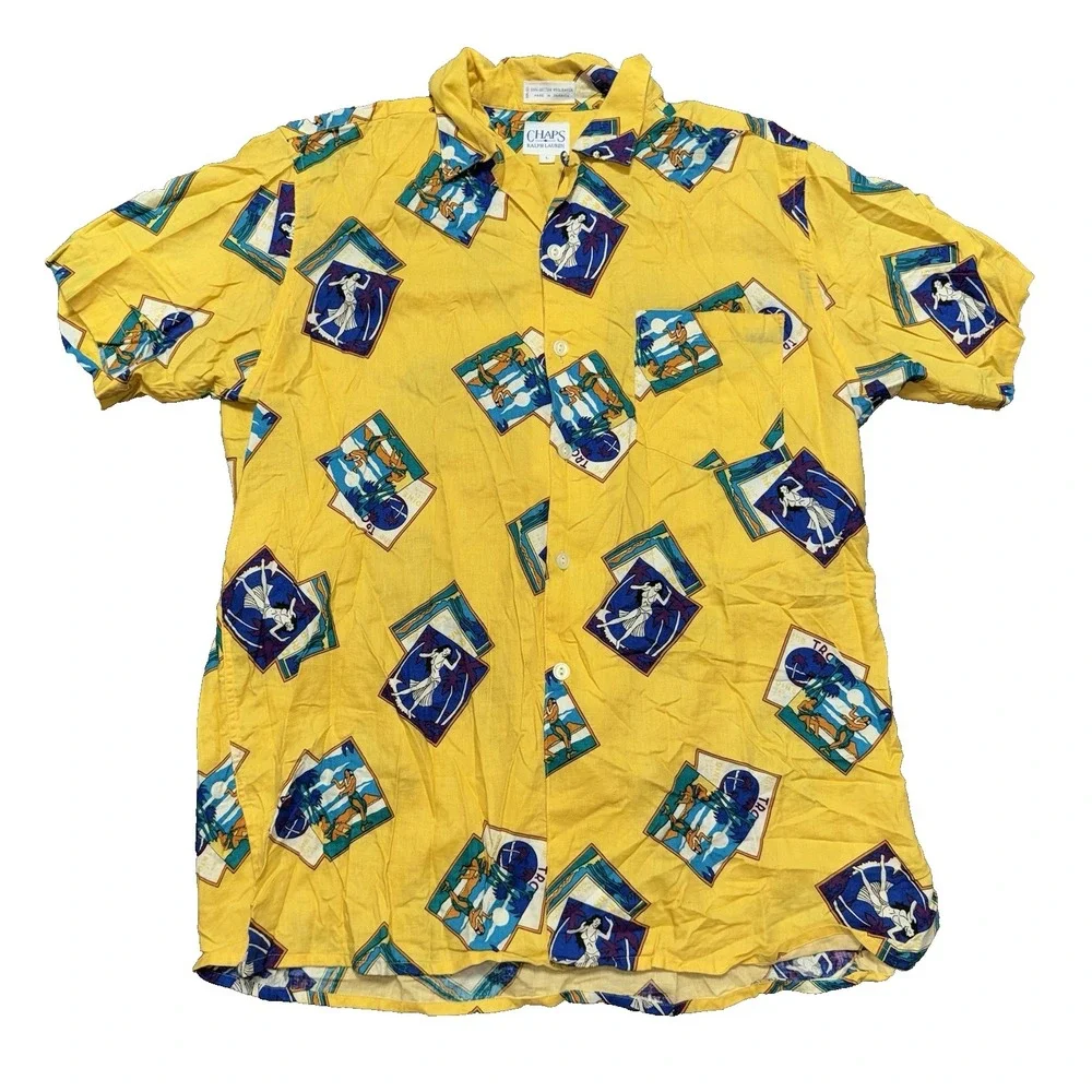 Vintage Chaps Ralph Lauren Hawaiian Shirt Hula Girls Yellow Men's Size Large